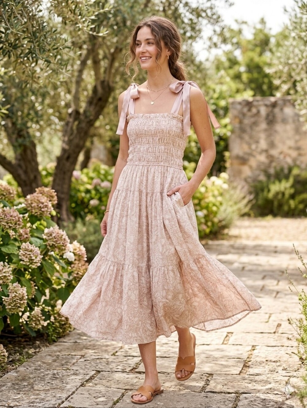 NWT En Saison Geraldine Maxi Dress Pink Champagne Smocked Tie Shoulder Tiered S - Picture 1 of 16